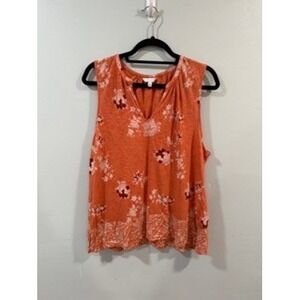 Lucky Brand Womens XL Floral V Neck Sleeveless Tank Top Orange Casual